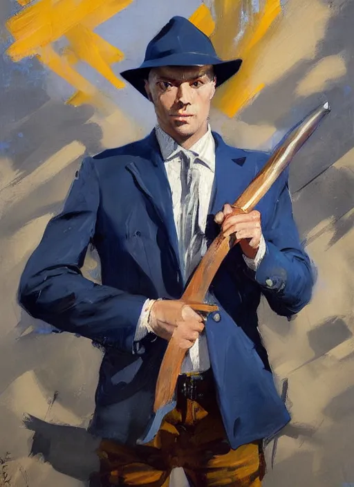 Image similar to greg manchess portrait painting of a blond man in a blue suit with a sword and a pistol, asymmetrical, profile picture, organic painting, sunny day, matte painting, bold shapes, hard edges, street art, trending on artstation, by huang guangjian, gil elvgren, ruan jia, randy vargas, greg rutkowski