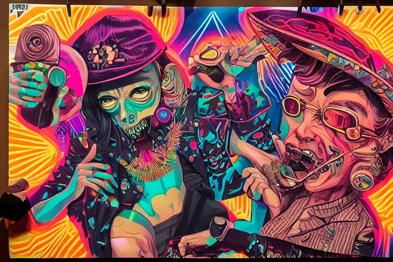 Prompt: electric zombie tacos dancing to jazz, tristan eaton, victo ngai, artgerm, rhads, ross draws