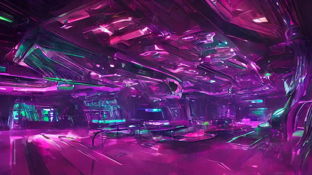 Prompt: sci-fi night club, with exotic female alien gogo dancers standing on platforms, neon lights, fog, smoke and atmosphere, bloom, platforms, faceted shapes, contemporary aesthetic, like concept art on artstation, like zaha hadid