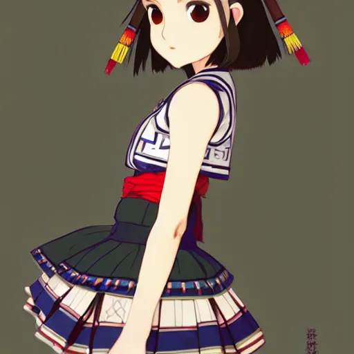 Image similar to a beautiful! boyish! natalie portman alluring gravure! model, wearing japanese school girl outfit with mayan pattern and native style, aztec street fashion, gapmoe yandere grimdark, trending on pixiv fanbox, painted by greg rutkowski makoto shinkai takashi takeuchi studio ghibli, akihiko yoshida