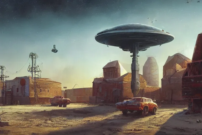 Image similar to a beautiful matte painting of a alien spaceship over the soviet village simon stalenhag and alan bean, trending on artstation, realistic rendering