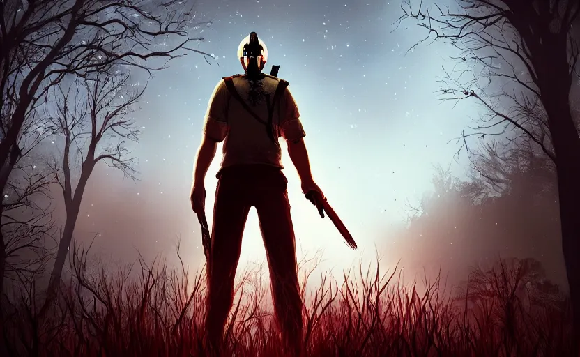 Image similar to cinematic view from behind a dead by daylight killer looking up to the cosmos, stars are aligning, character portrait, digital art