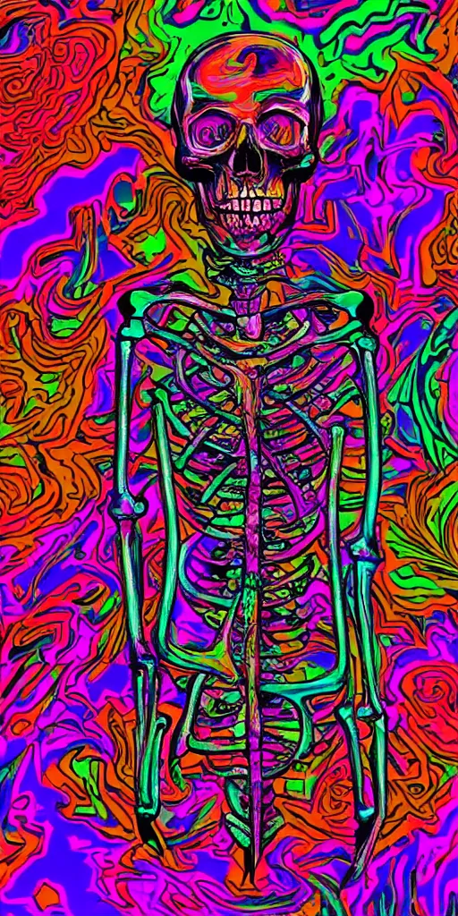 Prompt: vaporwave skeleton with psychedelic background