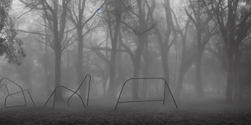 Prompt: foggy spooky play ground with swings and slides at night, dark, haunted by ghosts of children, black and white photography, ISO 1600, low shutterspeed, kyle thompson photography