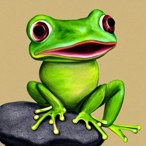 Image similar to cutest frog sitting on a rock and sing, digital painting