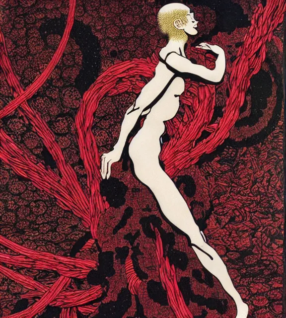 Image similar to still frame from Prometheus, gaia covered in crimson filament sowing in blosoming mycelium gardens, dressed by Neri Oxman and alexander mcqueen, metal couture haute couture editorial by utagawa kuniyoshi by giger