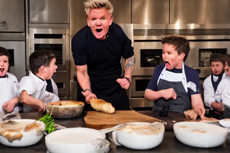 Prompt: Gordon Ramsay screaming at young children as they cook beef wellington, photo, 4K