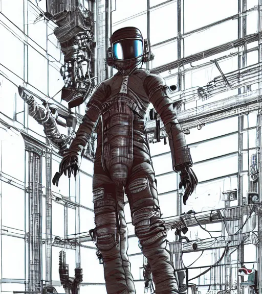 Image similar to realistic cyberpunk japanese engineer with long limbs and a black spacesuit welding a wall, techwear, dead space, visible face, Industrial Scifi, detailed illustration, character portrait, by Martin Grip and Moebius