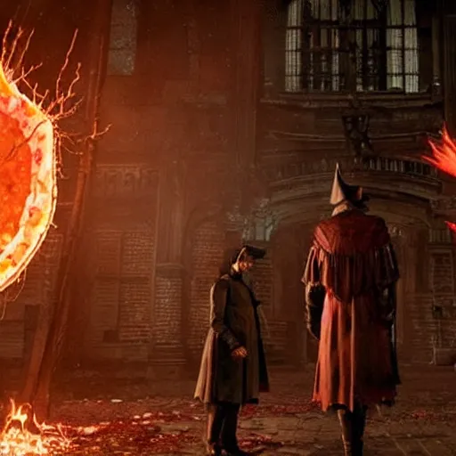 Prompt: A still image from the new Netflix live action adaptation 'Bloodborne', wide shot, features a spooky Pizza Hut