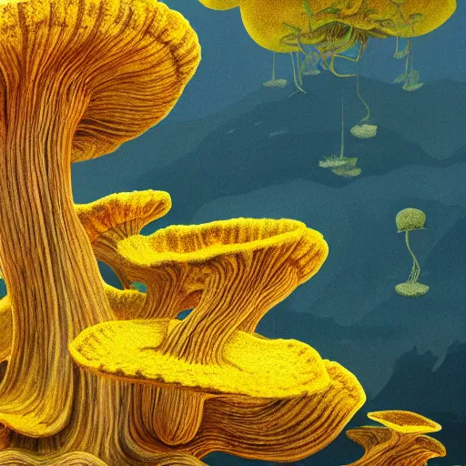 Prompt: a beautiful detailed matte painting of seaweed growing out of strange School bus yellow mushrooms, pattern, fractals, moebius, trending on artstation