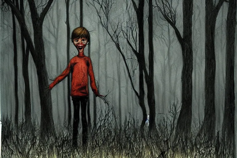 Image similar to horror painting of Missing 411 anomaly young boy lost in the woods by ben templesmith