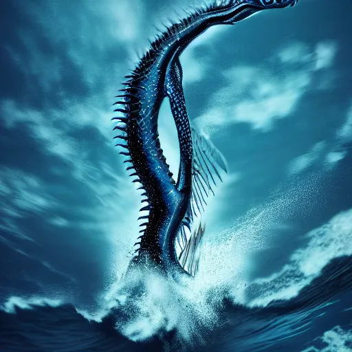 Prompt: 35mm photography sea dragon coming with wings, full head and face symmetrical scales, out of the water to attack a boat, rough seas, night, lighting, cinematic lighting, realistic