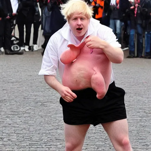 Image similar to boris johnson dressed as a greased piglet