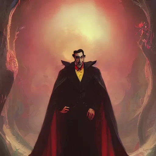 Prompt: Dracula traveling through a beautiful psychedelic world, illustrated by Greg Rutkowski and dr seuss, masterpiece, vivid colors, trending on artstation