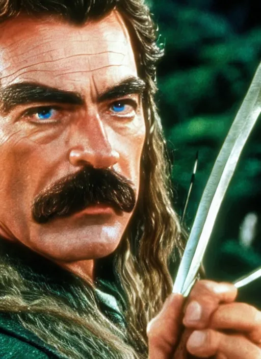 Image similar to film still of tom selleck as legolas in lord of the rings, 4 k