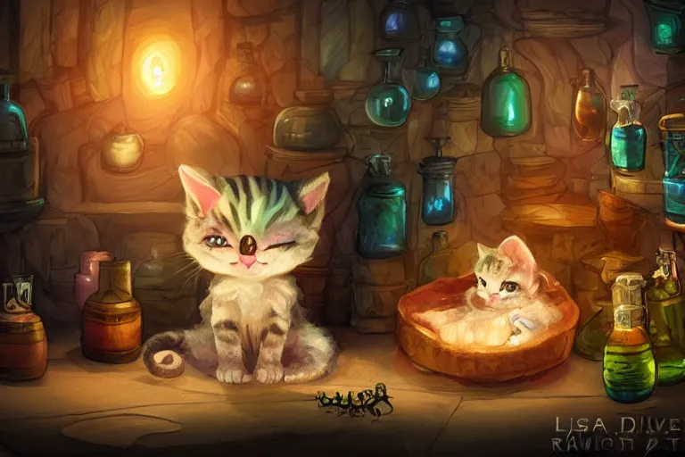 Image similar to adorable kitten curled up asleep amidst potion bottles, 8k resolution matte fantasy painting, warm lighting, bokeh, DeviantArt Artstation, by Lisa Ravenscroft and Ross Tran and Lisa Frank and Tony DiTerlizzi