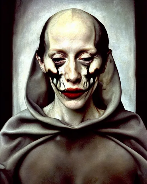 Image similar to a close up portrait of the devil with a blank cold expression, by joel peter witkin and hieronymus bosch and annie liebovitz, very pale skin, very blurry, translucent white skin, foggy, oil painting, photorealistic, anatomically correct, beautiful perfect face, visible brushstrokes, sharp focus, highly detailed, cinematic lighting, 8 k, hd