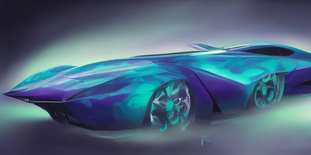 Prompt: full view of a car, painted in purple and teal holographic pearlescent, elegant, digital painting, concept art, smooth, sharp focus, art style from Wang Ke and Greg Rutkowski and Bruce Kaiser and Scott Robertson and Dmitry Mazurkevich and Doruk Erdem and Jon Sibal, small style cue from Blade Runner