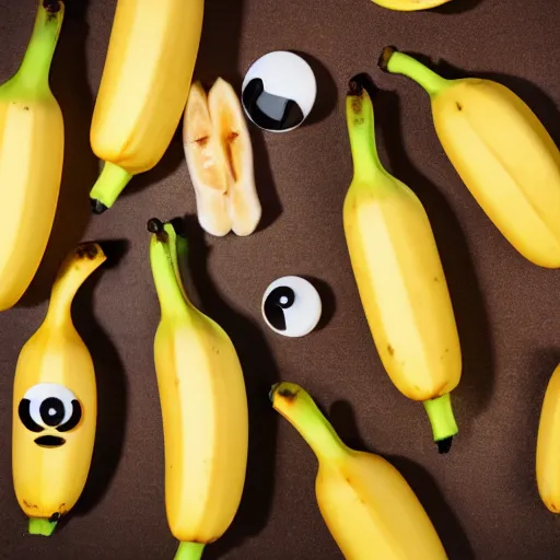 Image similar to professional photograph of banana ducks, peeled bananas with googly eyes and duck beaks