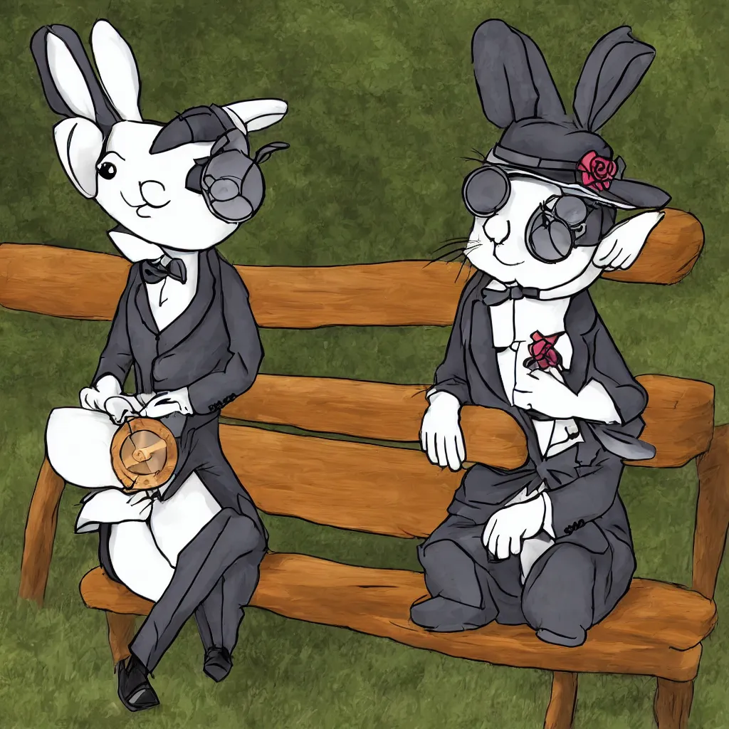 Image similar to a dapper chibi bunny rabbit in formal wear with a monocle sitting on a park bench on a sunny day, digital art
