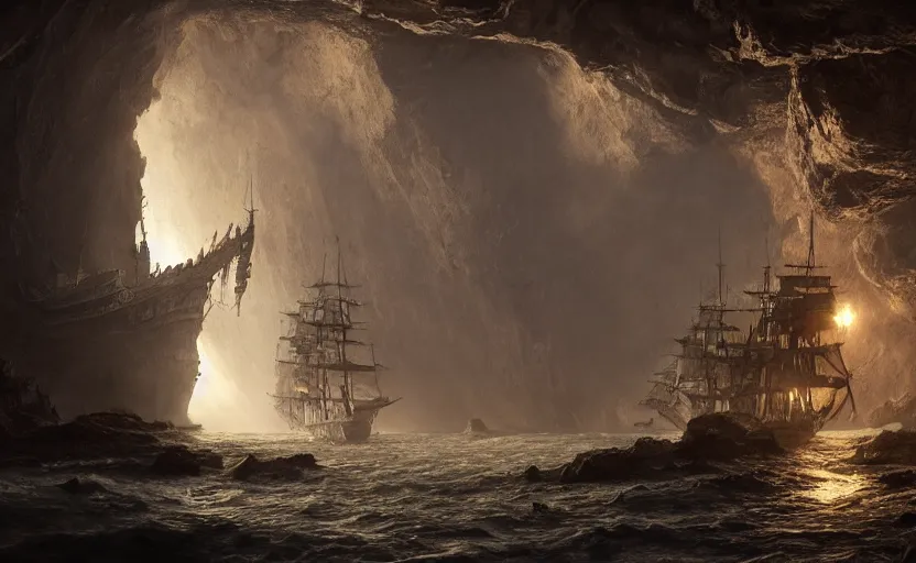 Image similar to A singular big galleon ship, three masts, front and center, in a cave. Underexposed, dark, centered. Atmospheric matte painting by Darek Zabrocki and Emmanuel Shiu, 4k ultra detailed