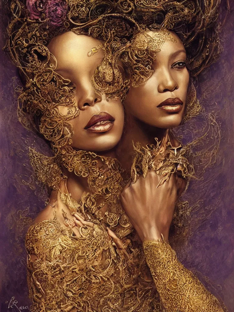 Prompt: Queen, African woman, flowers, dark pastel color scheme, jugendstil background, gold filigree, by karol bak, by emil melmoth, by Daniel Gerhartz, intricate, highly detailed, digital painting, artstation, concept art, smooth, sharp focus, illustration