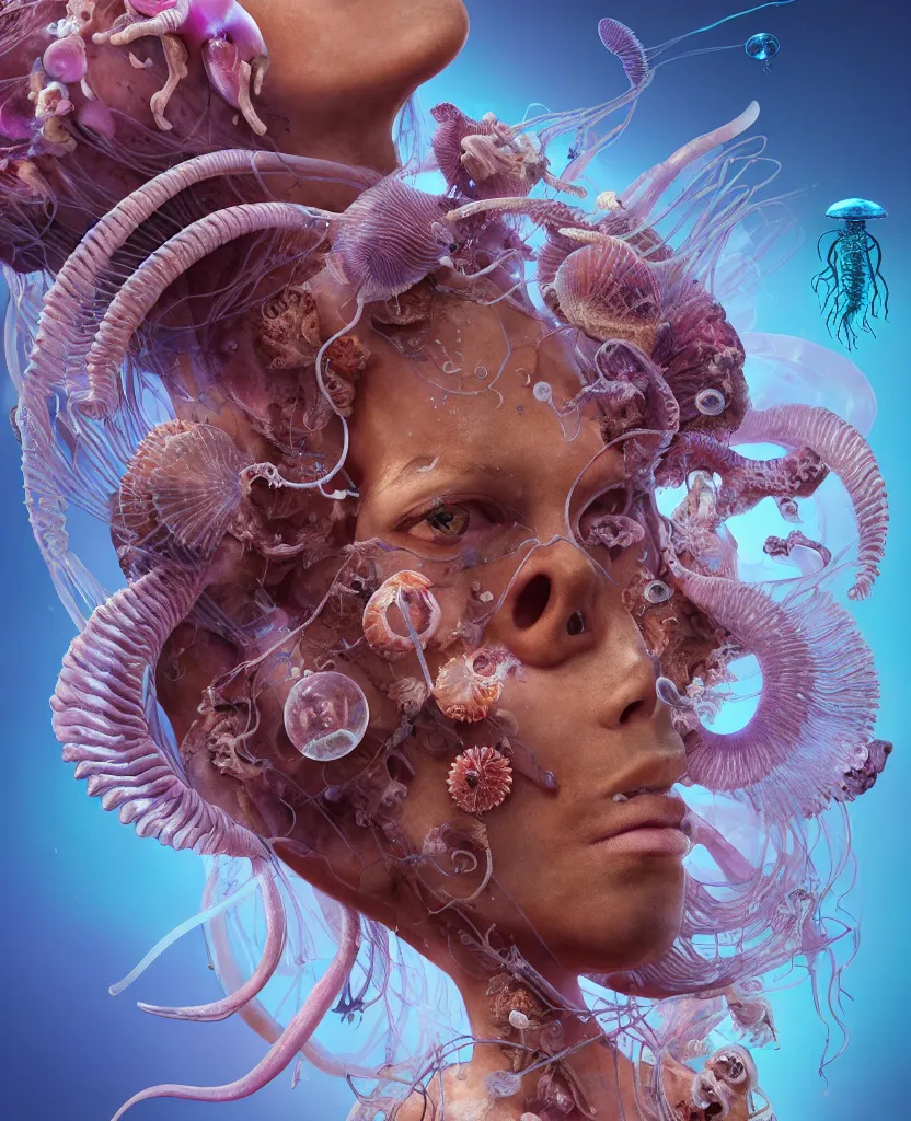 Image similar to goddess close-up portrait ram skull, thorax, x-ray, backbone, jellyfish phoenix head, nautilus, orchid, skull, betta fish, bioluminiscent creatures, intricate artwork by Tooth Wu and wlop and beeple. octane render, trending on artstation, greg rutkowski very coherent symmetrical artwork. cinematic, hyper realism, high detail, octane render, 8k