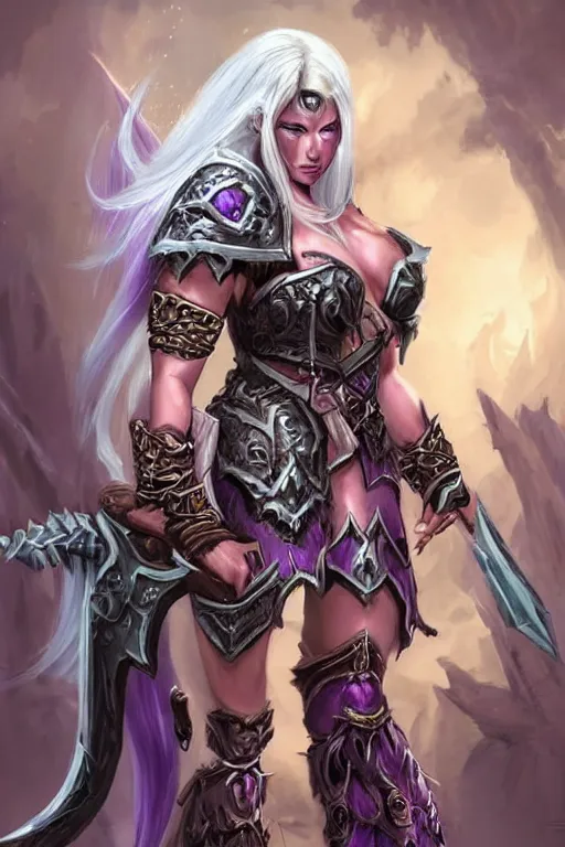 Prompt: world of warcraft concept art, barbarian warrior woman, long white hair, heavy armor with amethysts details