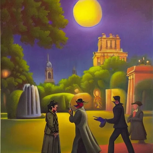 Image similar to batman and sherlock holmes discover a portal to another universe within the luxembourg gardens in paris. a magical moon glows in the sky. oil painting in the style of thomas hart benton. cosmic vibes.