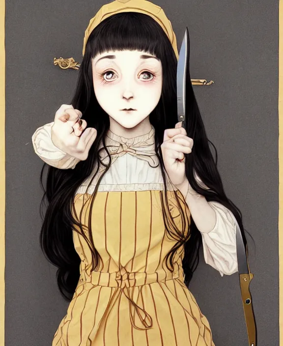 Image similar to portrait of a morbid 18 year old young woman wearing a cottage-core aesthetic dress with straight silky black hair, in a butcher shop, holding a butcher knife, insanely and epically detailed high-quality small details, beautiful golden ratio, exquisitely detailed soft shadowig style, epic illustration style, style of Range Murata and by Alphonse Mucha and by Katsuhiro Otomo.