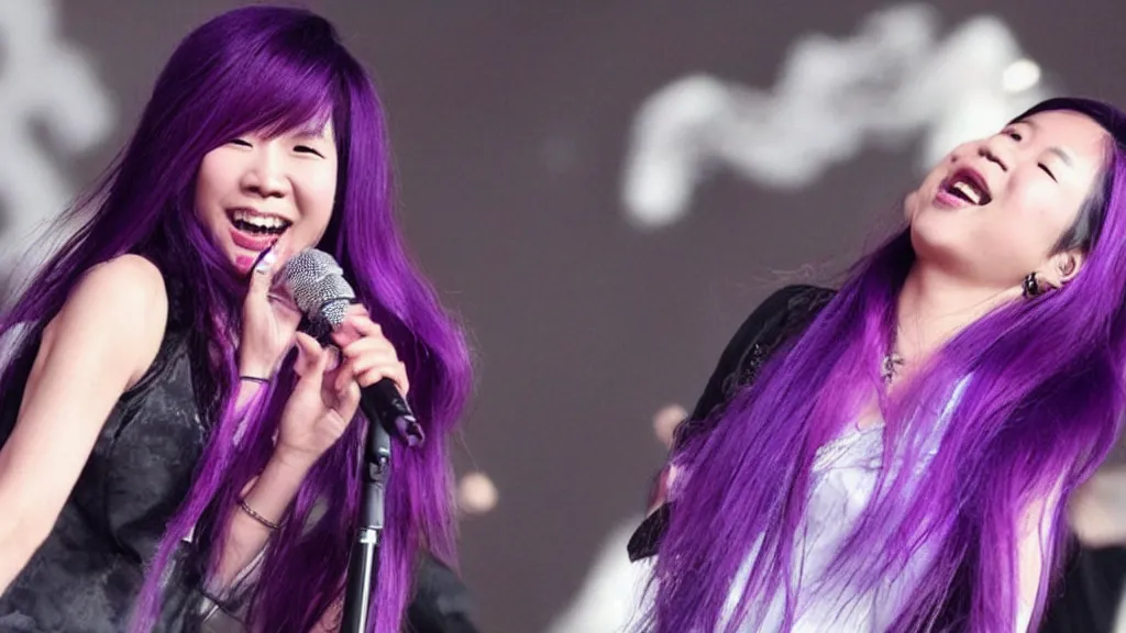 Image similar to “ miriam yeung with purple hair, sing in a concert, highly detailed ”