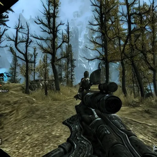 Prompt: skyrim re - imagined as a first person shooter. the player is holding a rifle with a scope.