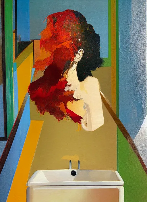 Image similar to a beautiful glitched painting by christian hook and alex kanevsky of a woman in a bathroom, still life, warm colors