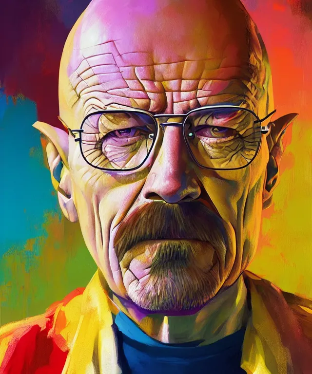 Prompt: a portrait of walter white in a colorful environment in a painting from stalenhag, 4 k, 8 k, hdr, artstation