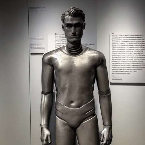 Prompt: “a realistic detailed photo of a guy who is an attractive humanoid who is half robot and half humanoid, who is a male android, baseball player Mike Trout, shiny skin, posing like a statue, blank stare, mouth agape, at a museum, on display”