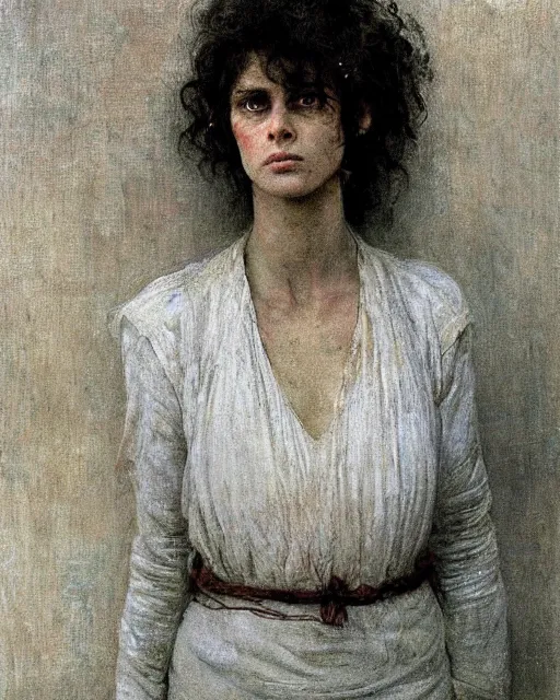 Image similar to a handsome but creepy woman in layers of fear, with haunted eyes and wild hair, 1 9 7 0 s, seventies, wallpaper, a little blood, moonlight showing injuries, delicate embellishments, painterly, offset printing technique, by jules bastien - lepage