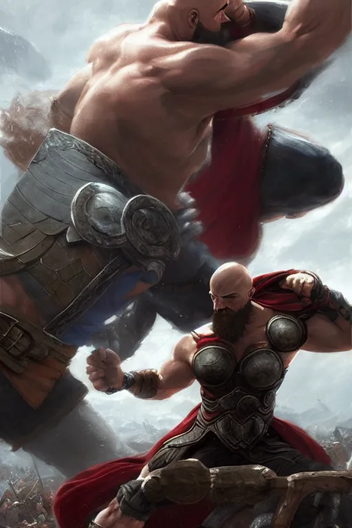 Image similar to kratos fighting thor, highly detailed, digital painting, artstation, concept art, smooth, sharp focus, illustration, unreal engine, 8 k, art by artgerm and greg rutkowski and edgar maxence