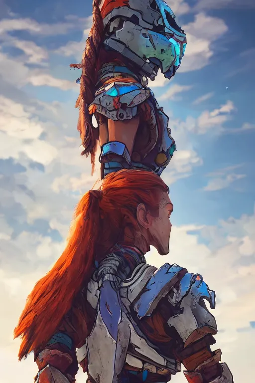 Image similar to combination suit armor aloy horizon forbidden west horizon zero dawn radiating a glowing aura global illumination ray tracing hdr fanart arstation by ian pesty and alena aenami artworks in 4 k tribal robot ninja mask helmet backpack