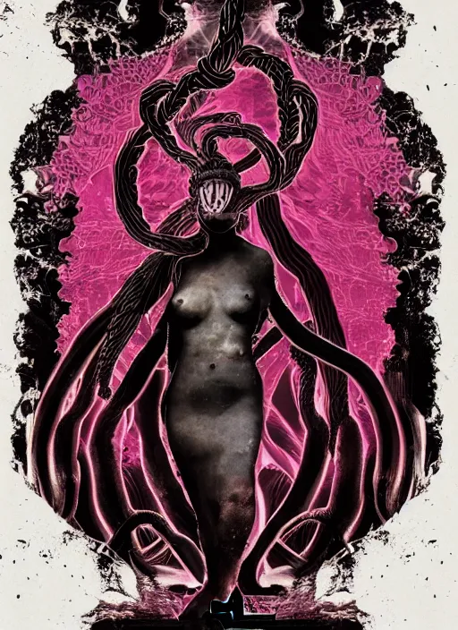 Prompt: dark design poster showing a statue of medusa, black background with very subtle red and purple design elements, powerful, nekro, vito acconci, thin straight lines, dark, glitch art, neo vaporwave, gritty, layout frame, square, trending on artstation