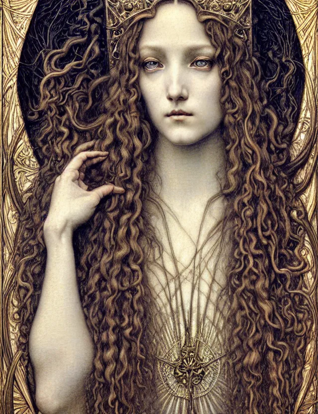 Image similar to detailed realistic beautiful young medieval queen face portrait by jean delville, gustave dore and marco mazzoni, art nouveau, symbolist, visionary, gothic, pre - raphaelite. horizontal symmetry