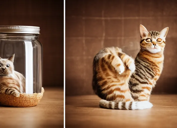 Prompt: 5 5 mm photo of a glass jar in the kitchen with a cat stuffed inside. fantasy magic style. highly detailed 8 k. intricate. lifelike. soft light. sony a 7 r iv 5 5 mm. cinematic post - processing