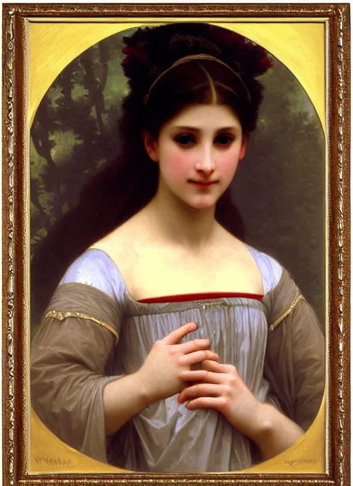 Image similar to portrait of young woman in renaissance dress and renaissance headdress, art by william - adolphe bouguereau