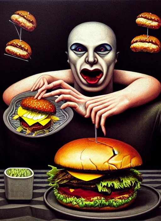 Image similar to hyper detailed 3d render like an Oil painting - Portrait of black metal singer eating a hamburger by Jacek Yerka, Mariusz Lewandowski, Houdini algorithmic generative render, Abstract brush strokes, Masterpiece, Edward Hopper and James Gilleard, Zdzislaw Beksinski, Mark Ryden, Wolfgang Lettl, hints of Yayoi Kasuma, octane render, 8k