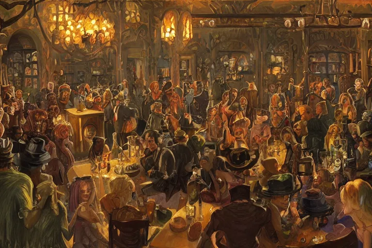 Prompt: beautiful detailed Harlem Renaissance painting of a 20s fantasy goblin party in ekanite bar that looks like it's from lord of the rings and bazaar by greg rutkowski, marc simonetti,Chris Achilleos,Charles Samuel Addams ,featured on artstation, ultrawide angle,f16