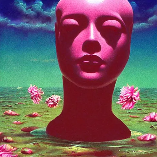 Image similar to a surreal vaporwave vaporwave vaporwave vaporwave vaporwave painting by Thomas Cole of an old pink mannequin head with flowers growing out, sinking underwater, highly detailed