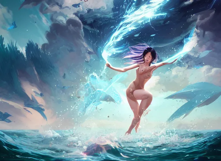 Prompt: seductive lee jin - eun running on water at super speed, emerging from multiversal galactic portal, splashes of lightning behind her, zooming past a small island, by ilya kuvshinov and peter mohrbacher and ruan jia, and m. k. kaluta, rule of thirds, coherent symmetry, masterpiece, beautiful, majestic, beautiful eyes