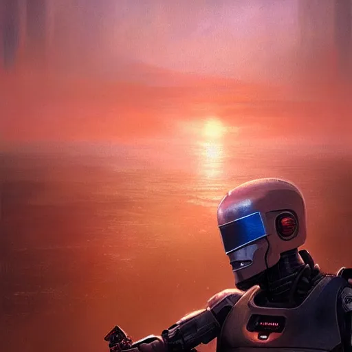 Prompt: portrait of robocop, sunset, gorgeous view, depth, painted by seb mckinnon, high detail, digital art, painted by greg rutkowski, trending on artstation