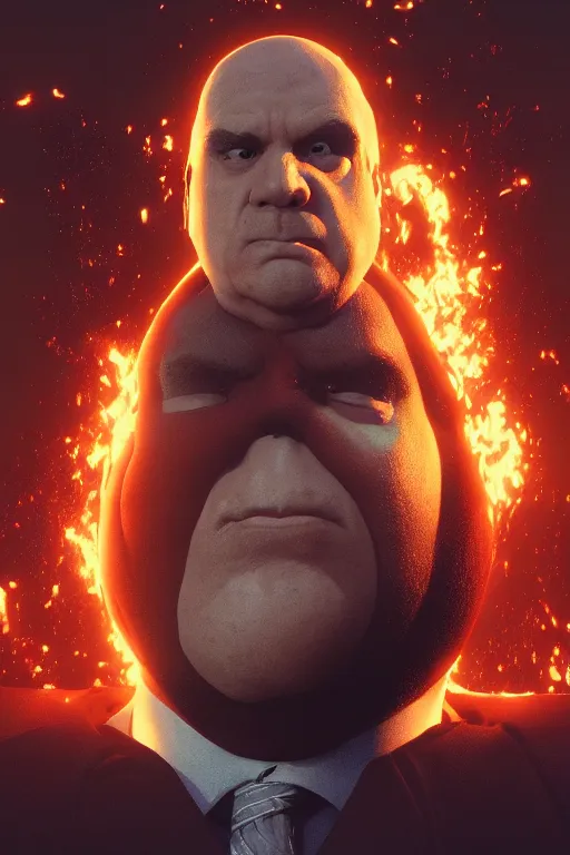 Prompt: Kingpin, evening, Marvel, Wilson Fisk, red mist, magical, embers, symmetrical face, large eyes, hyper realistic, digital art, octane render, trending on artstation, artstationHD, artstationHQ, unreal engine, 4k, 8k