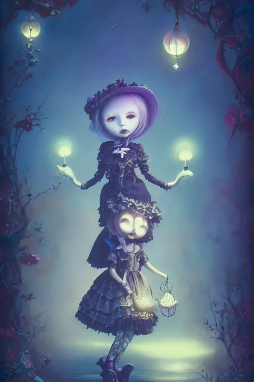 Image similar to a surreal Bioluminescent, very very very cute gothic lolita in a happy world by Daniel Merriam, Trending on Artstation, oil on Canvas by Elena Zhurikhina and Goro Fujita and Charlie Bowater, octane render, 4k, 8k, HD