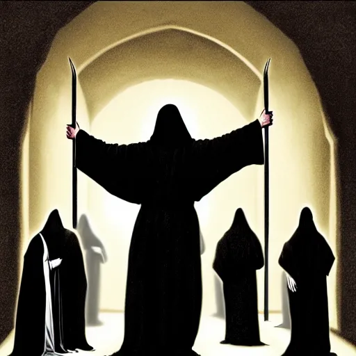 Prompt: the hooded messiah dressed in black robes leads his dark army towards the light, iconic, hero, silhouette, fantasy, epic, large scale, D&D, raphaelite, louvre